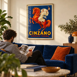 Vintage Italian Aperitif Poster, framed on the wall of a characterful living room with a cream wall