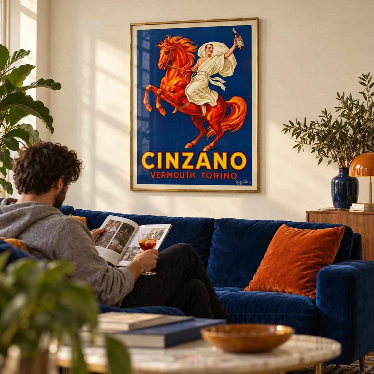 Vintage Italian Aperitif Poster, framed on the wall of a characterful living room with a cream wall