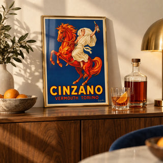 Vintage Italian Aperitif Poster, a small A4 framed print leaning on a shelf in a living room