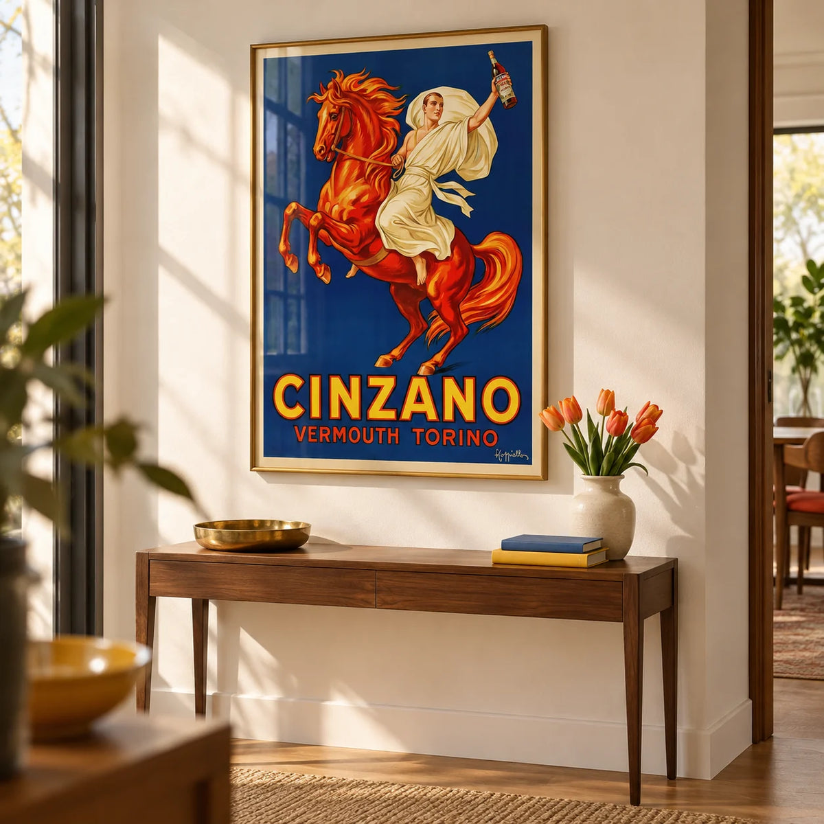 Vintage Italian Aperitif Poster, framed on the wall of a smart hallway with a warm white wall
