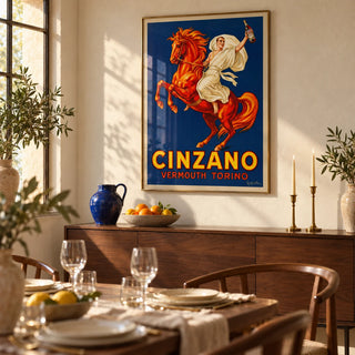 Vintage Italian Aperitif Poster, framed on the wall of a warm Italian-style dining room with a warm white limewashed wall