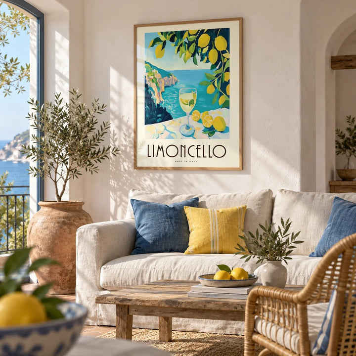 Vintage Italian Drink Posters, framed on the wall of a relaxed Mediterranean living room