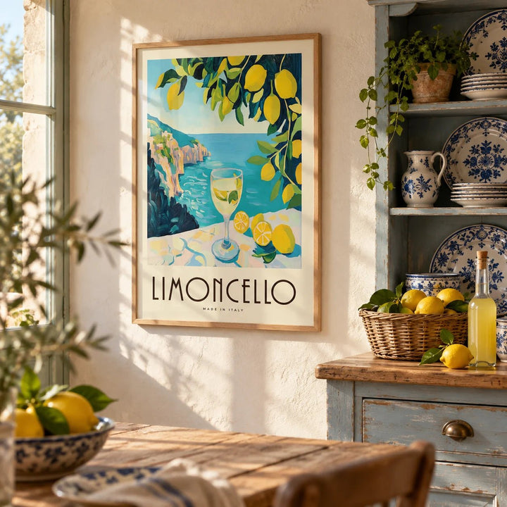 Vintage Italian Drink Posters, framed on the wall of a rustic Italian kitchen