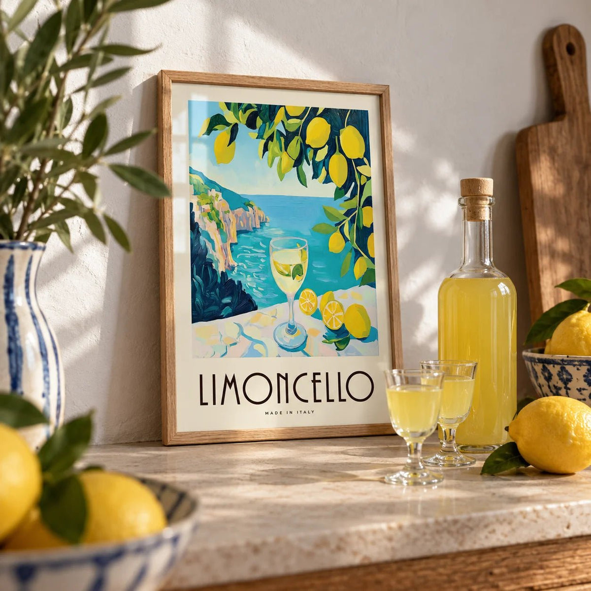 Vintage Italian Drink Posters, a small A4 framed print leaning on a kitchen shelf