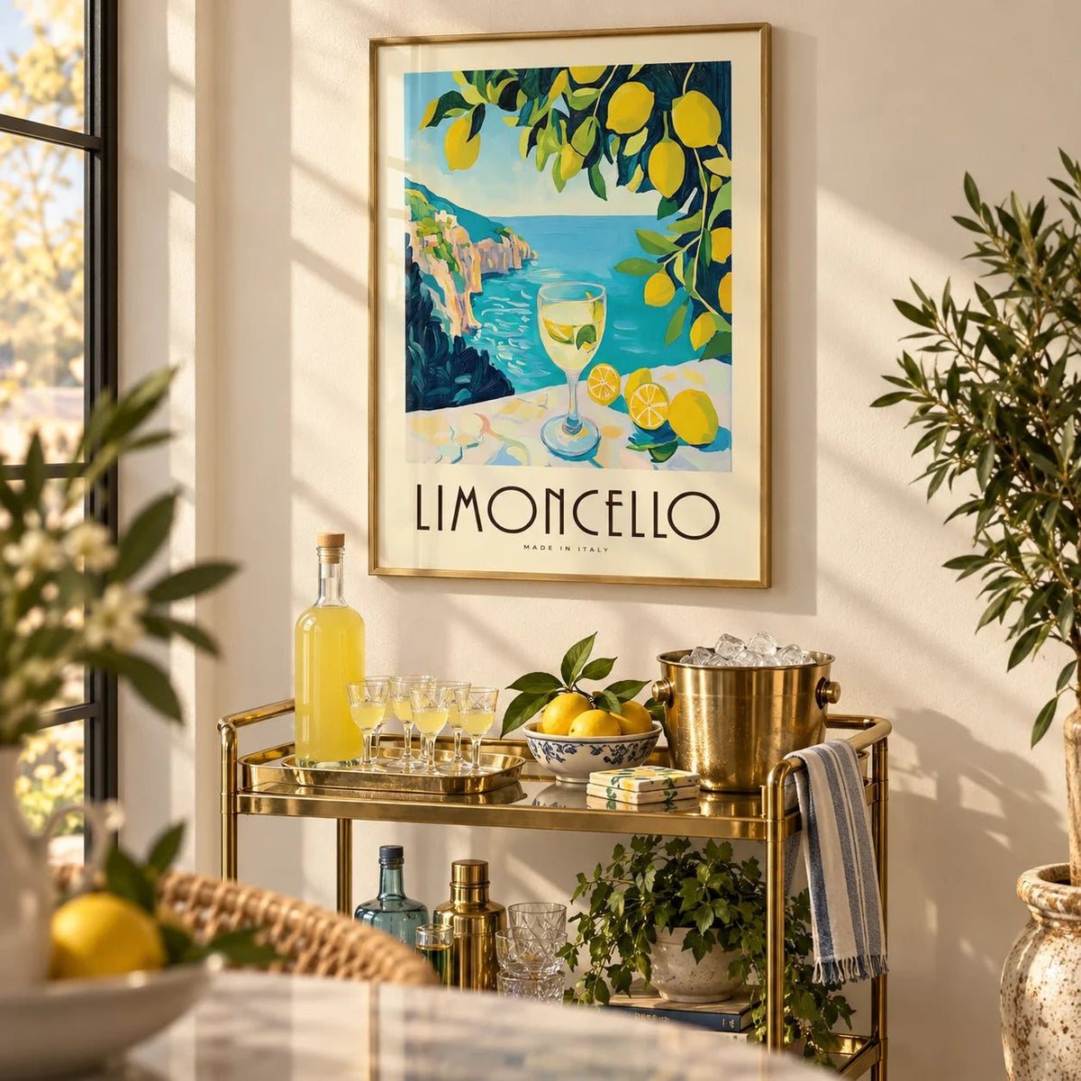 Vintage Italian Drink Posters, framed on the wall of a stylish home bar corner