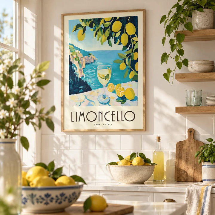 Vintage Italian Drink Posters, framed on the wall of a sunny white kitchen