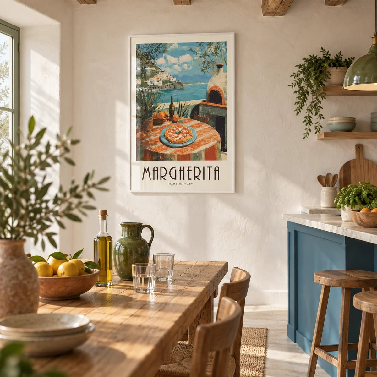 Vintage Italian Food Prints, framed on the wall of a bright Italian kitchen-diner with whitewashed plaster walls and wooden ceiling beams