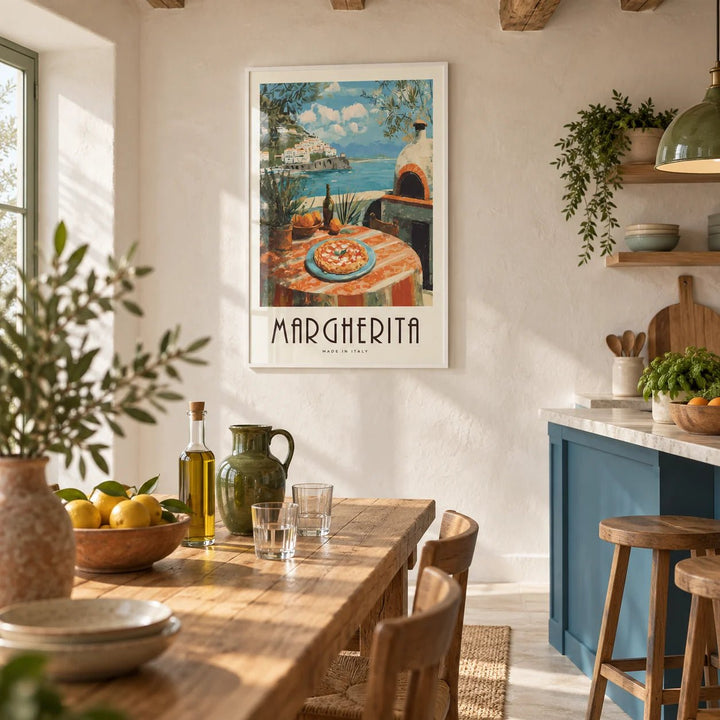 Vintage Italian Food Prints, framed on the wall of a bright Italian kitchen-diner with whitewashed plaster walls and wooden ceiling beams