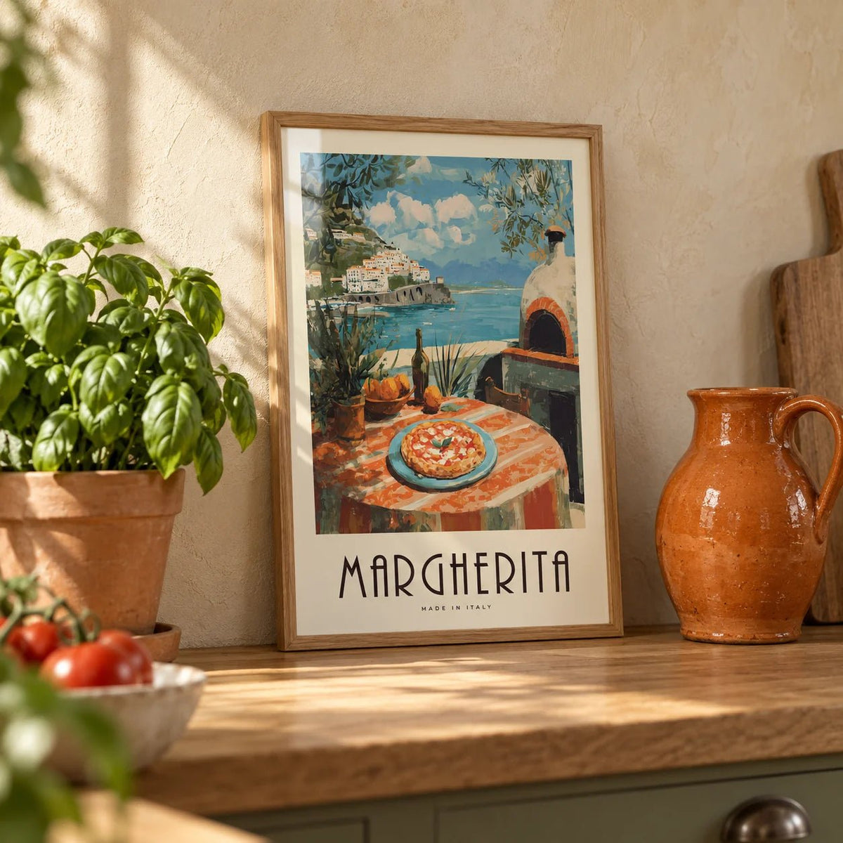 Vintage Italian Food Prints, a small A4 framed print leaning on an oak worktop in a kitchen