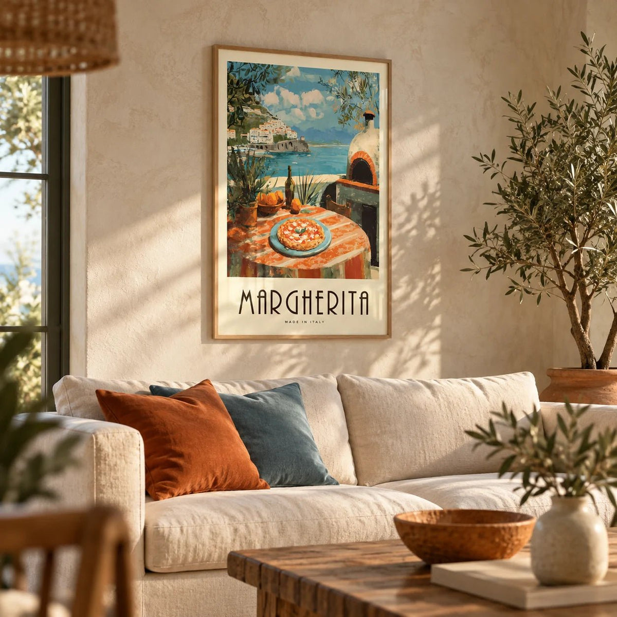 Vintage Italian Food Prints, framed on the wall of a warm Mediterranean living room with a limewashed plaster wall
