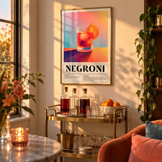 Vintage Italian Poster Art, framed on the wall of a home bar corner