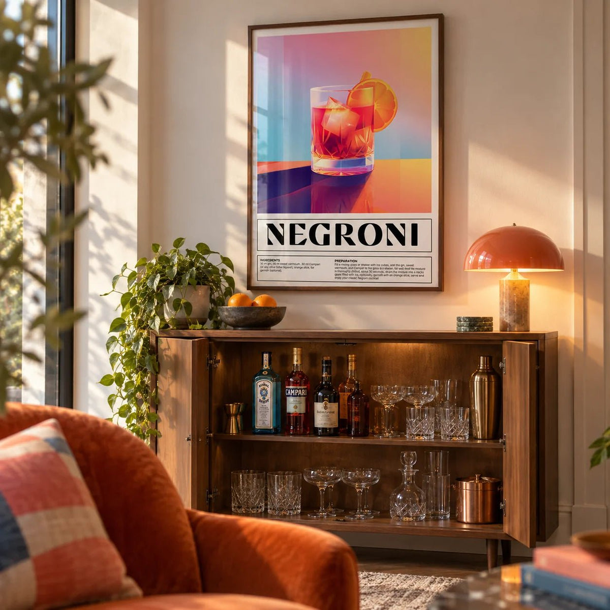 Vintage Italian Poster Art, framed on the wall of a living room drinks cabinet