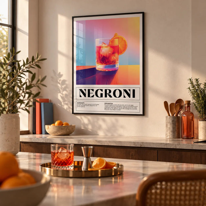 Vintage Italian Poster Art, framed on the wall of a modern kitchen