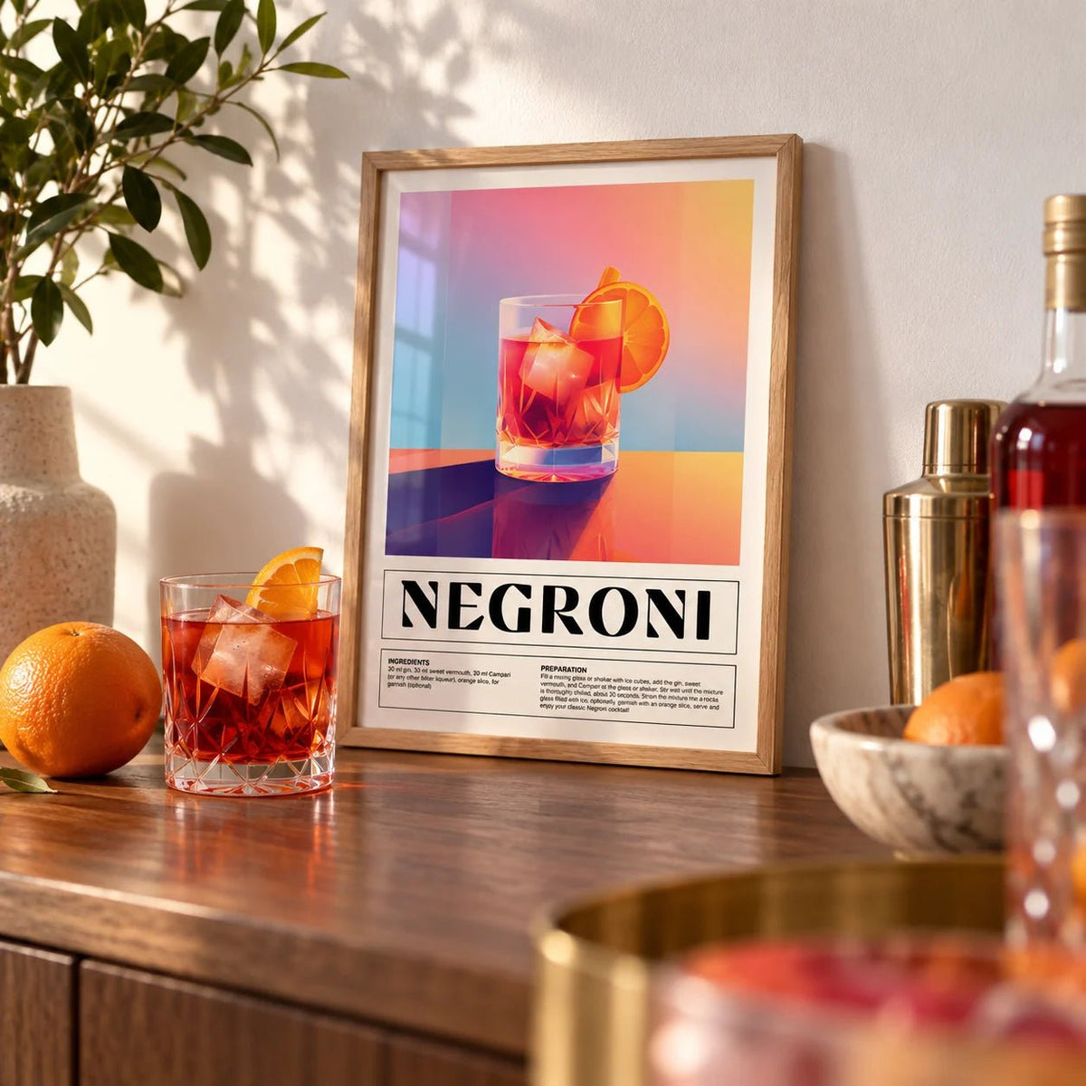 Vintage Italian Poster Art, a small A4 framed print leaning on a bar shelf in a living room