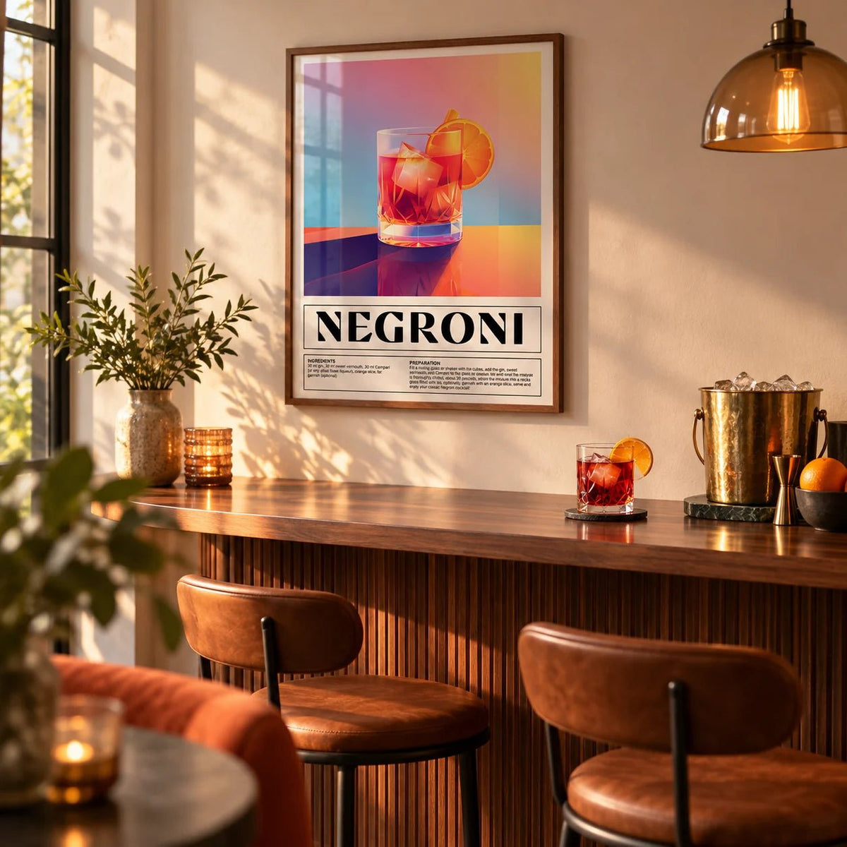 Vintage Italian Poster Art, framed on the wall of a small home bar counter in a kitchen
