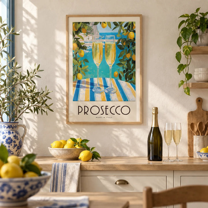 Vintage Italian Poster, framed on the wall of a bright Italian-style kitchen with a cream limewashed wall and a pale oak worktop
