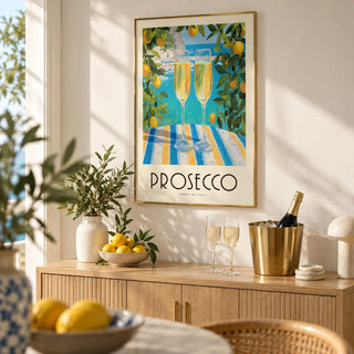 Vintage Italian Poster, framed on the wall of a fresh home bar corner with a cream wall in a living room