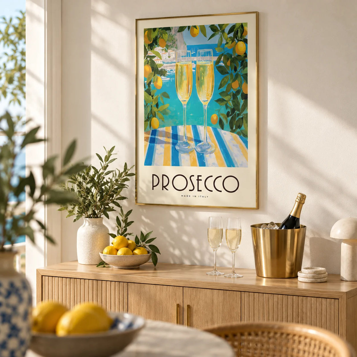 Vintage Italian Poster, framed on the wall of a fresh home bar corner with a cream wall in a living room