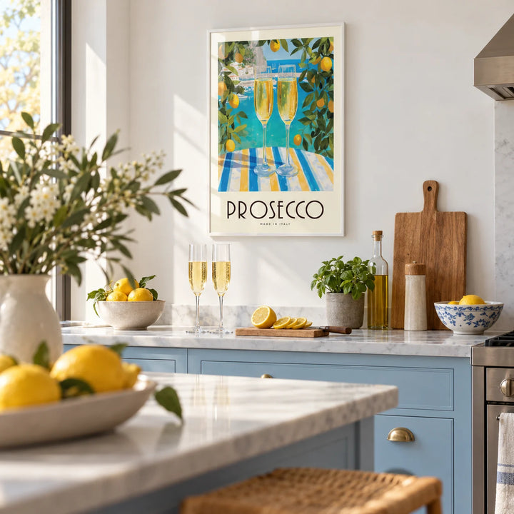 Vintage Italian Poster, framed on the wall of a modern kitchen with a white wall and a pale blue painted island
