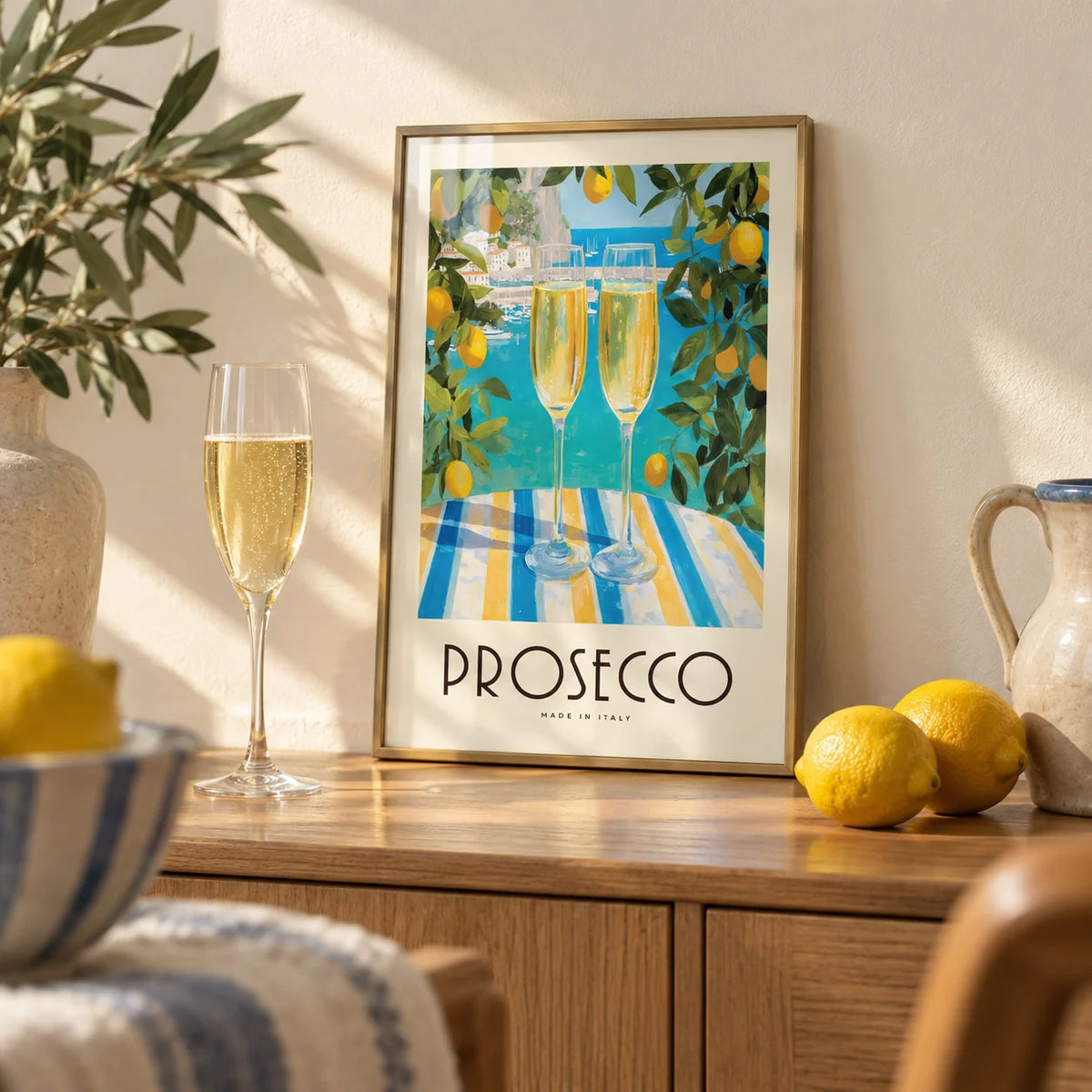 Vintage Italian Poster, a small A4 framed print leaning on an oak sideboard in a living room