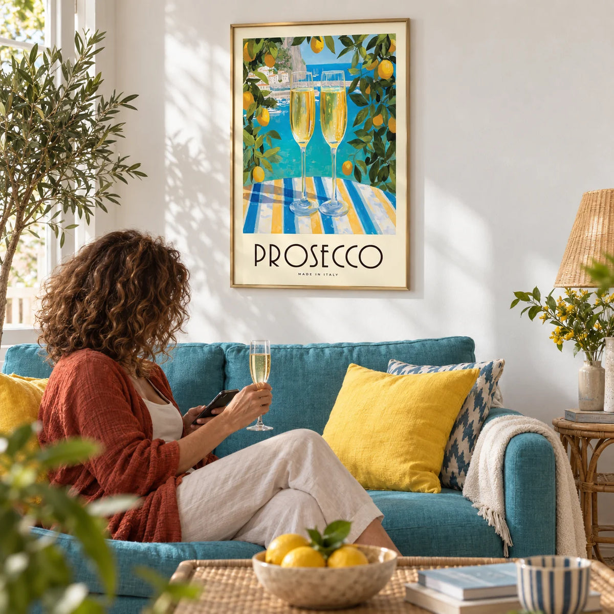 Vintage Italian Poster, framed on the wall of a summery living room with a white wall