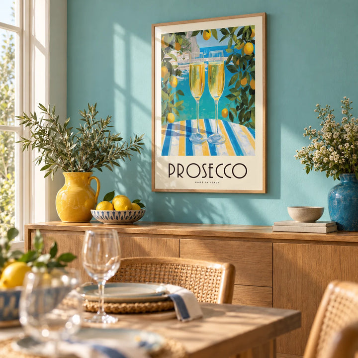 Vintage Italian Poster, framed on the wall of a sunny dining room with a soft turquoise painted wall