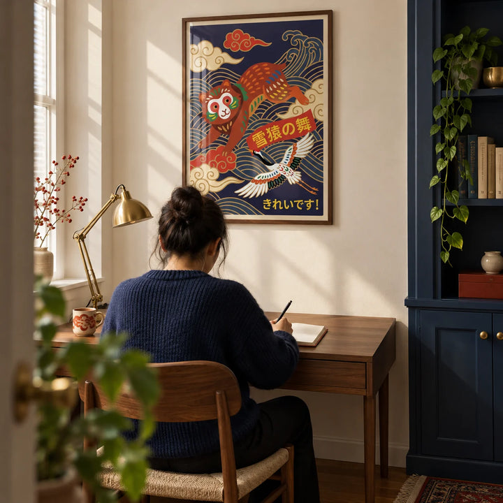 Vintage Japanese Poster, framed on the wall of a compact home study for an illustration enthusiast with a cream wall and a navy painted storage cupboard