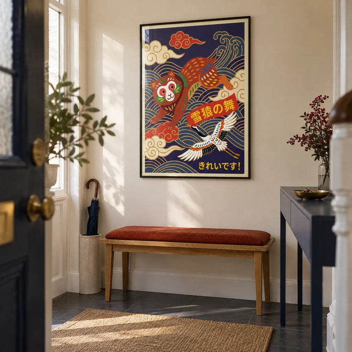 Vintage Japanese Poster, framed on the wall of a crisp entrance hallway in a UK terraced house with pale cream walls and a charcoal floor