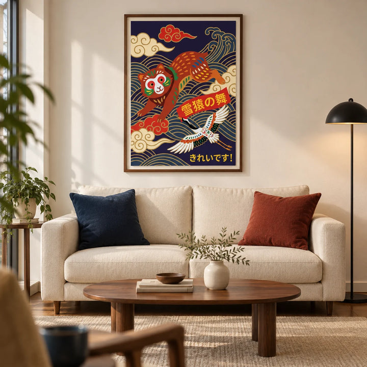 Vintage Japanese Poster, framed on the wall of a design-led living room in a UK city flat with warm white walls and a walnut floor