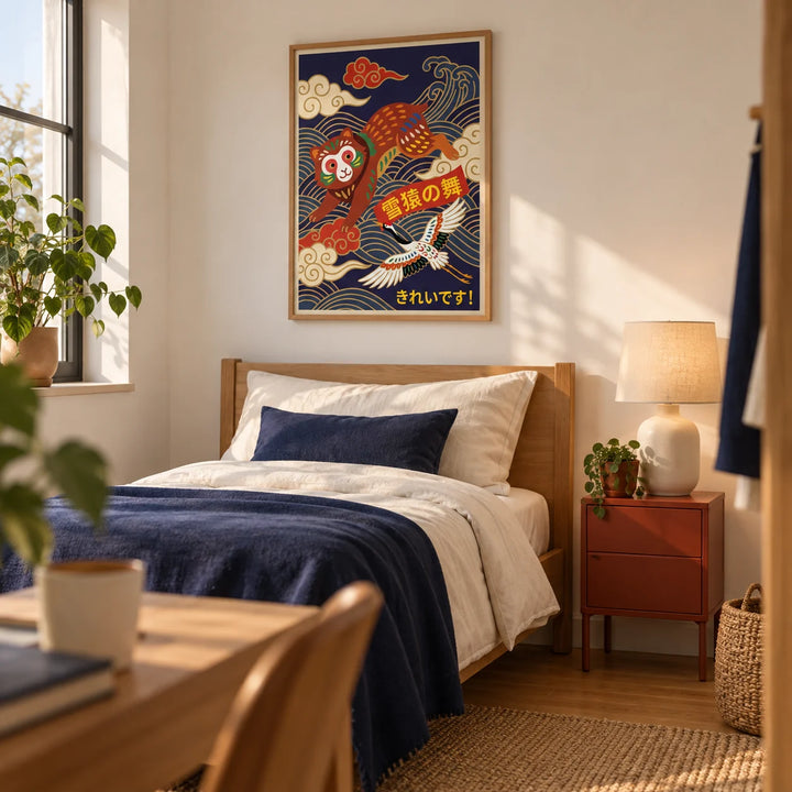 Vintage Japanese Poster, framed on the wall of a modern single bedroom for a young adult (22-28) in a first flat with warm white walls