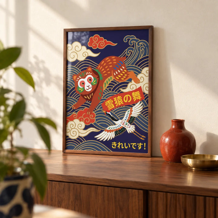 Vintage Japanese Poster, a small A4 framed print leaning on a walnut sideboard in a living room