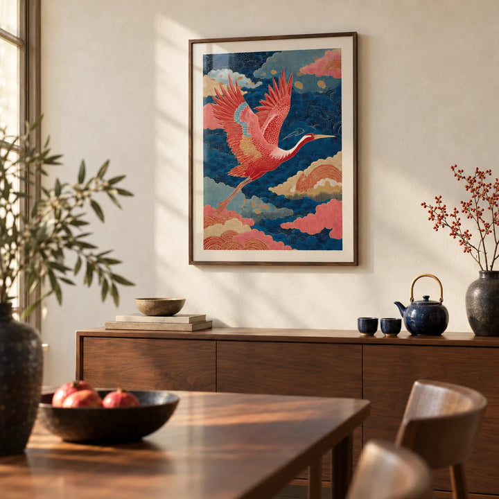 Vintage Japanese Print, framed on the wall of a calm dining room with a soft cream limewashed wall