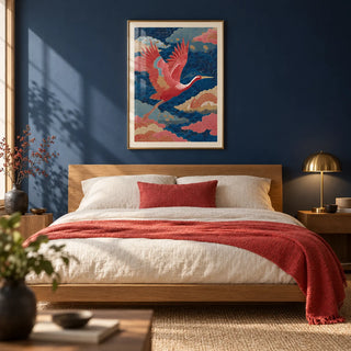Vintage Japanese Print, framed on the wall of a calm Japanese-modern bedroom with a deep navy painted wall