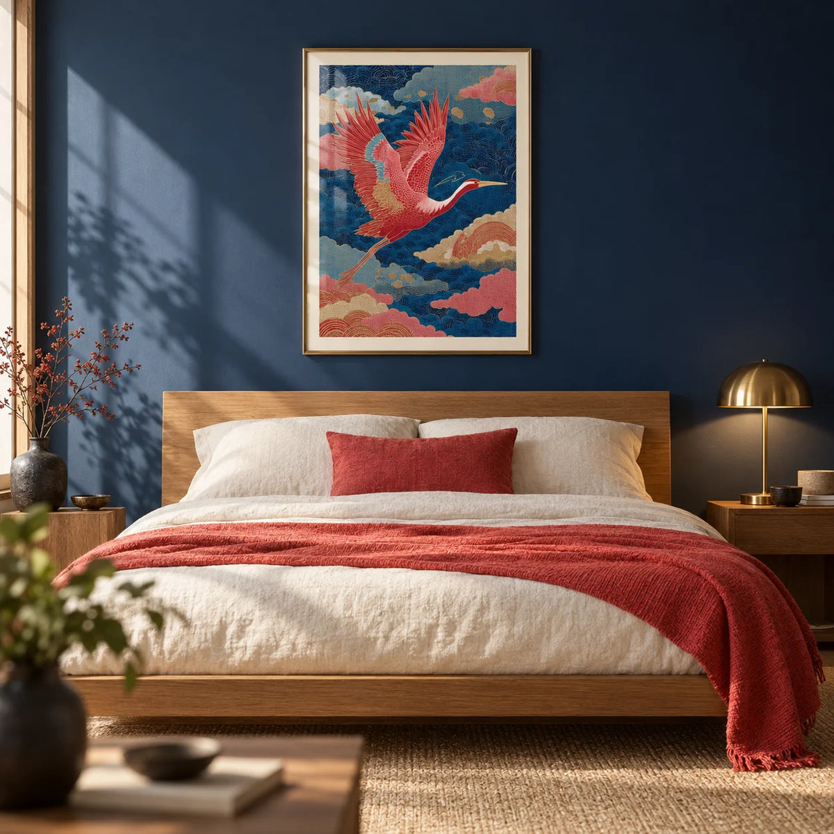 Vintage Japanese Print, framed on the wall of a calm Japanese-modern bedroom with a deep navy painted wall