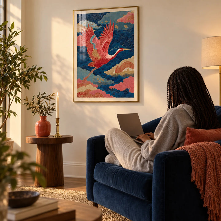 Vintage Japanese Print, framed on the wall of an elegant living room with a plain cream wall