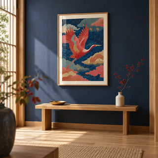 Vintage Japanese Print, framed on the wall of a Japanese-style entrance hall with a pale oak floor and a navy painted wall
