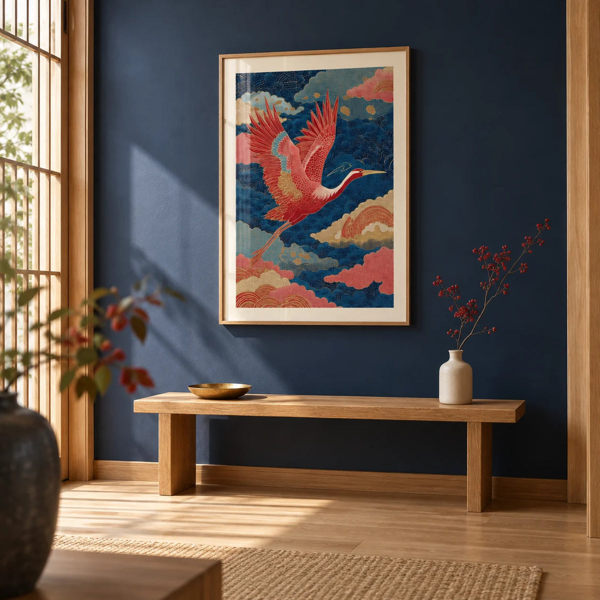 Vintage Japanese Print, framed on the wall of a Japanese-style entrance hall with a pale oak floor and a navy painted wall