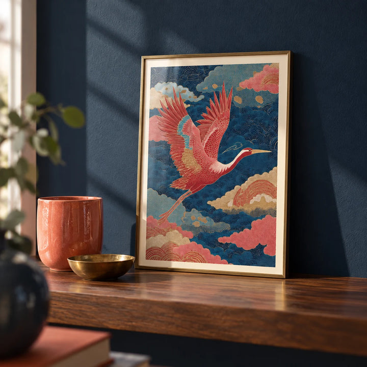 Vintage Japanese Print, a small A4 framed print leaning on a walnut shelf in a living room