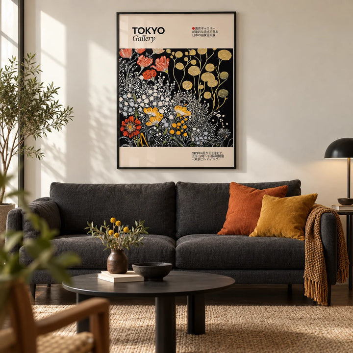 Vintage Japanese Wall Art, framed on the wall of a design-led city flat living room with a warm white wall and a dark oak floor