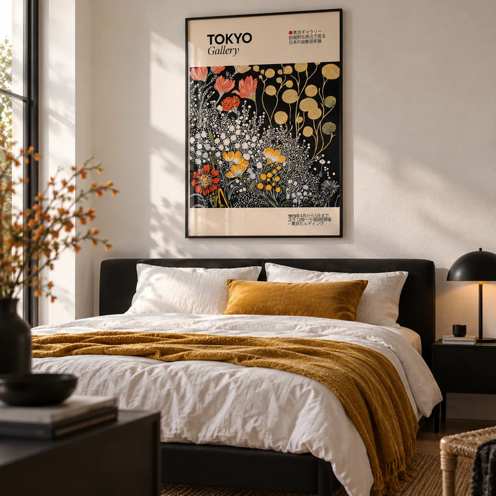 Vintage Japanese Wall Art, framed on the wall of a modern bedroom with a soft white wall
