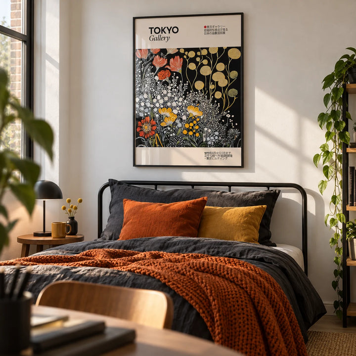 Vintage Japanese Wall Art, framed on the wall of a modern single bedroom for a young adult (18-25) with a white wall