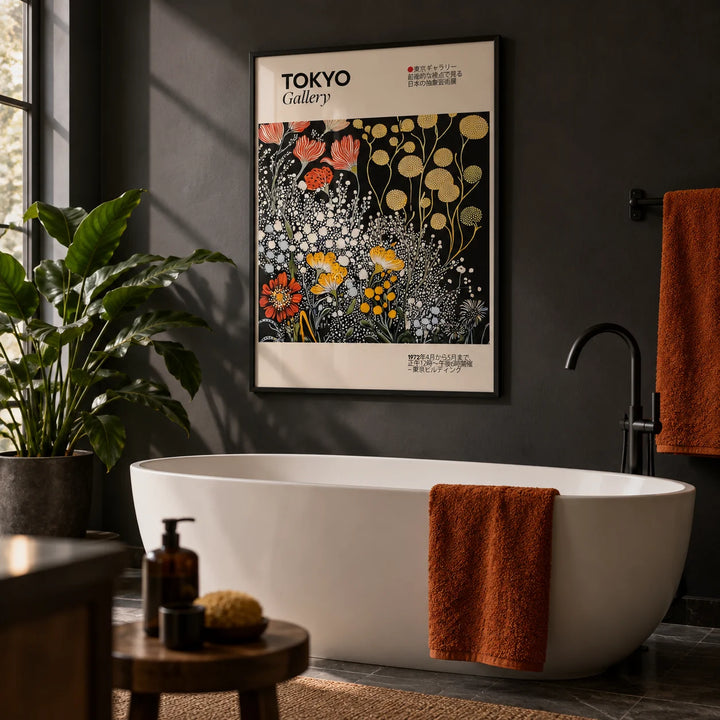 Vintage Japanese Wall Art, framed on the wall of a moody modern bathroom with a charcoal wall and a white freestanding bath