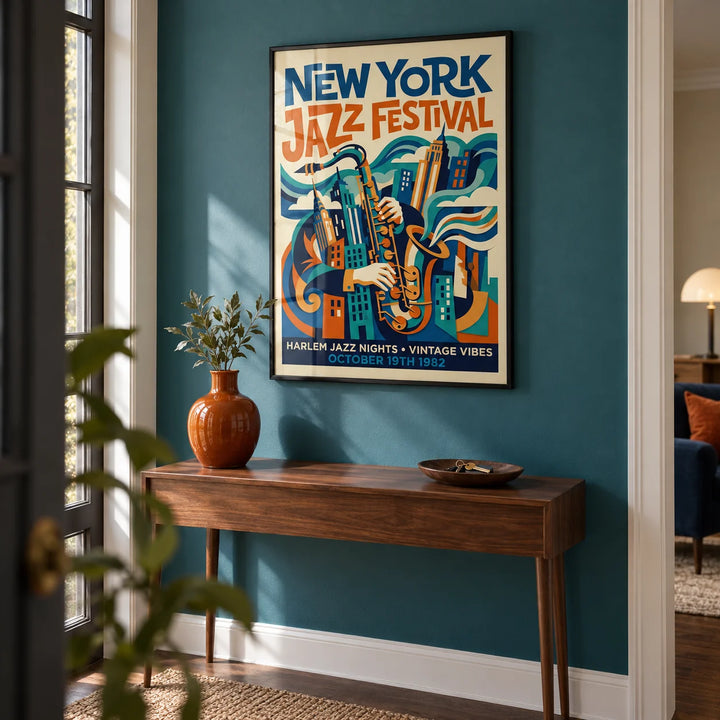 Vintage Jazz Posters, framed on the wall of a characterful hallway with a solid teal wall