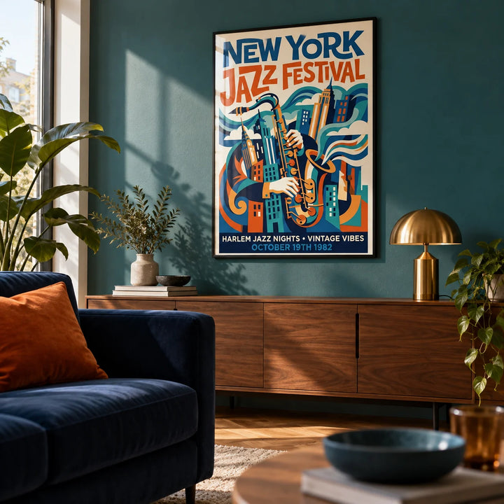 Vintage Jazz Posters, framed on the wall of a design-led city-flat living room with a teal painted wall