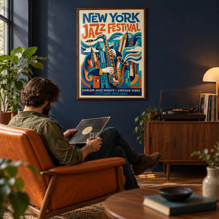Vintage Jazz Posters, framed on the wall of a mid-century listening room with a deep navy painted wall in a living room