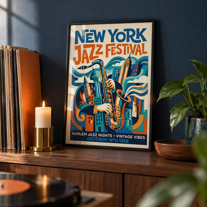 Vintage Jazz Posters, a small A4 framed print leaning on a walnut shelf in a living room