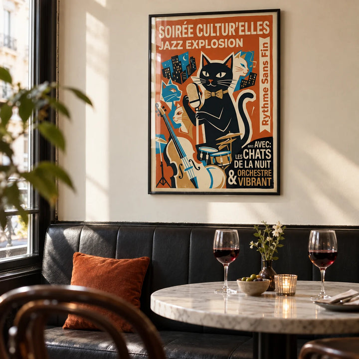 Vintage Jazz Poster, framed on the wall of a bistro-style dining room with a cream wall