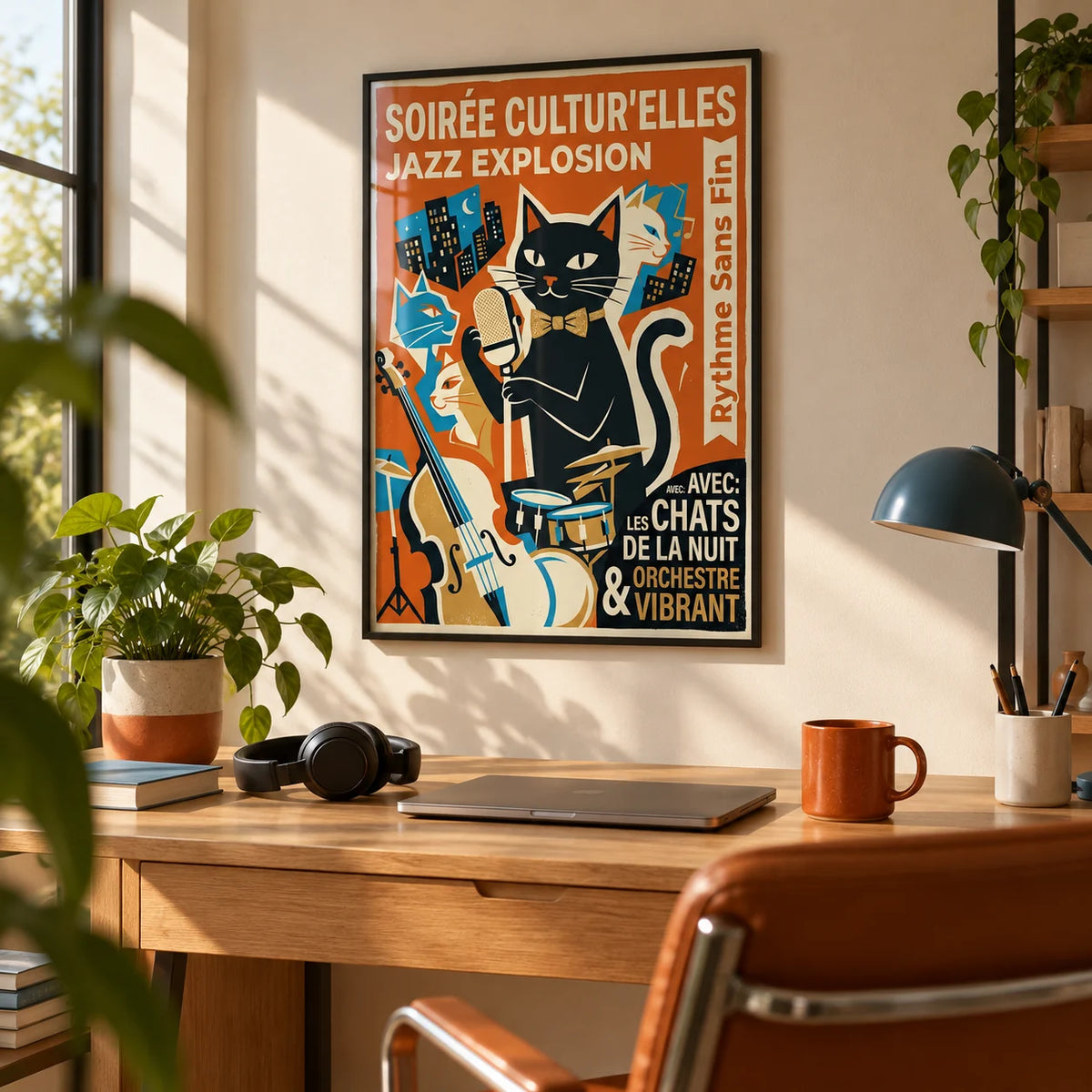 Vintage Jazz Poster, framed on the wall of a creative home office with a warm white wall