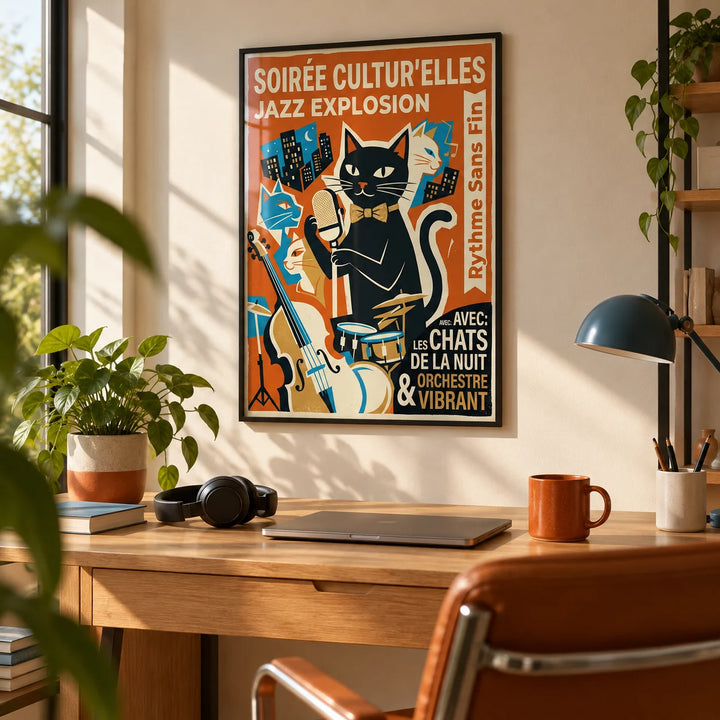 Vintage Jazz Poster, framed on the wall of a creative home office with a warm white wall