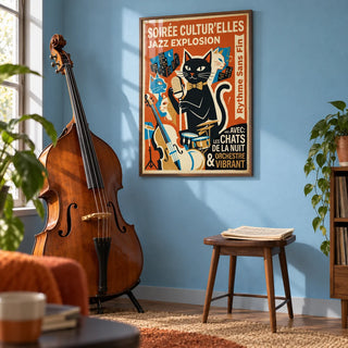 Vintage Jazz Poster, framed on the wall of a home music corner with a sky blue painted wall